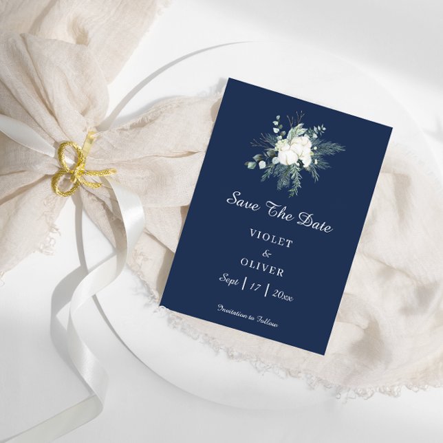 Eucalyptus Cotton | Navy Modern Wedding Save The Date (Creator Uploaded)