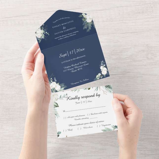 Eucalyptus Cotton | Navy Modern White RSVP All In One Invitation (Tearaway)