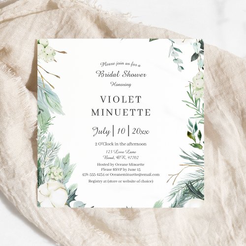 Eucalyptus Cotton  White Modern Bridal Shower Invitation