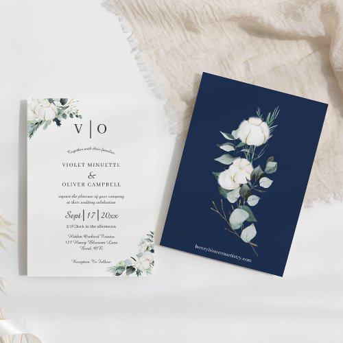  Eucalyptus Cotton  White Modern Monogram Wedding Invitation