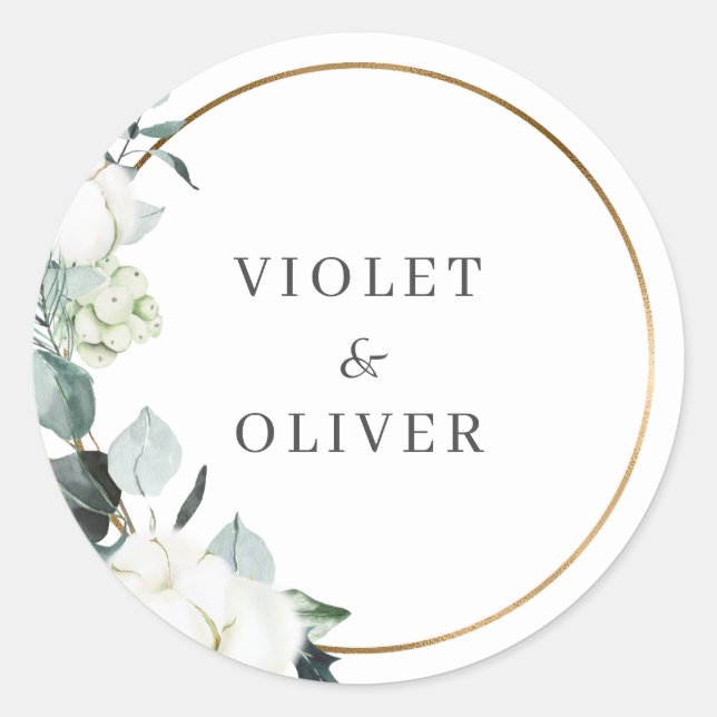 Eucalyptus Cotton | White Modern Wedding Classic Round Sticker (Front)