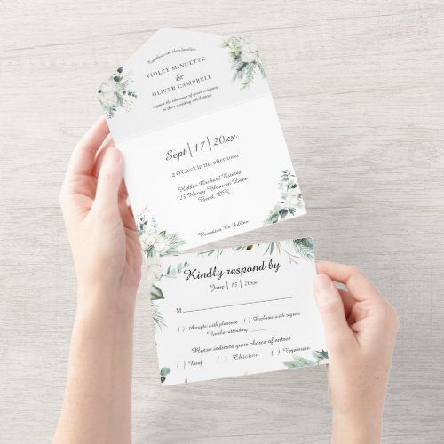 Eucalyptus Cotton  White Modern White RSVP All In One Invitation