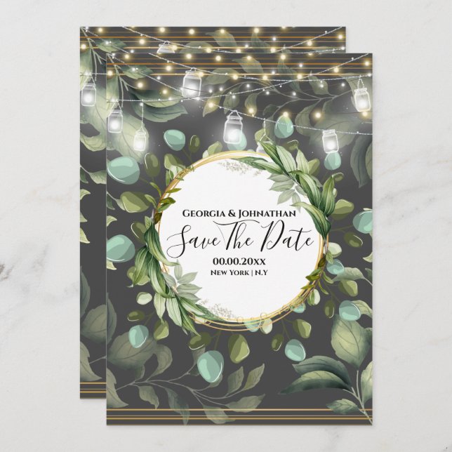 Eucalyptus country garden string lights gray gold save the date (Front/Back)