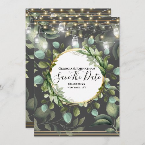 Eucalyptus country garden string lights gray gold save the date