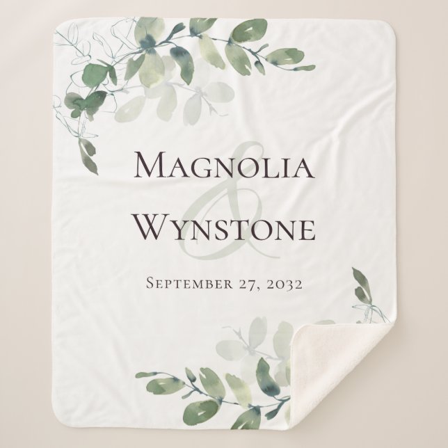 Eucalyptus Couple's Names Date Sherpa Blanket (Front)