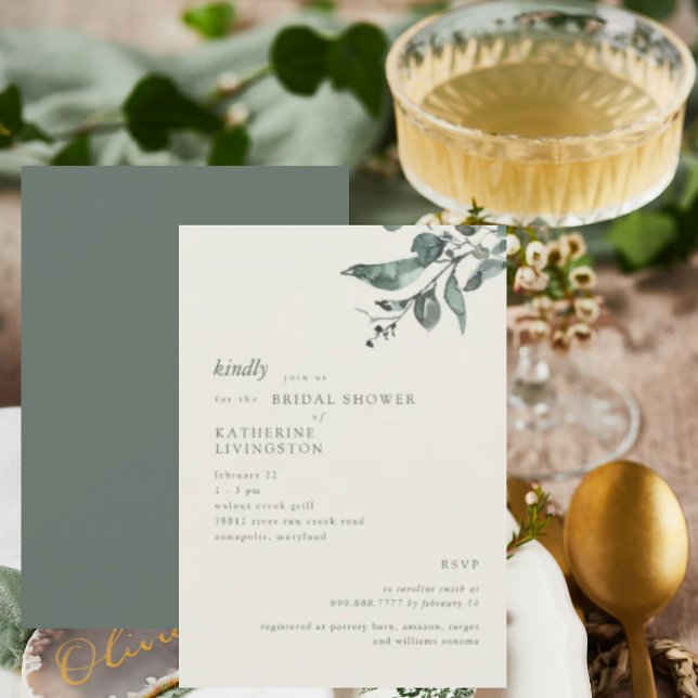 Eucalyptus Cream & Dark Green Modern Bridal Shower Invitation (Creator Uploaded)