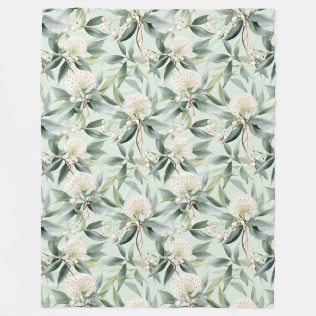 Eucalyptus Cream Sage Floral Fleece Throw Blanket (Front)