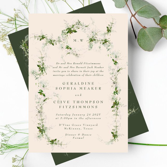 Eucalyptus Cream Wreath | Green Monogram Wedding Invitation (Creator Uploaded)