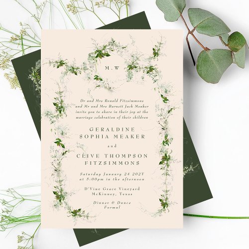 Eucalyptus Cream Wreath  Green Monogram Wedding Invitation