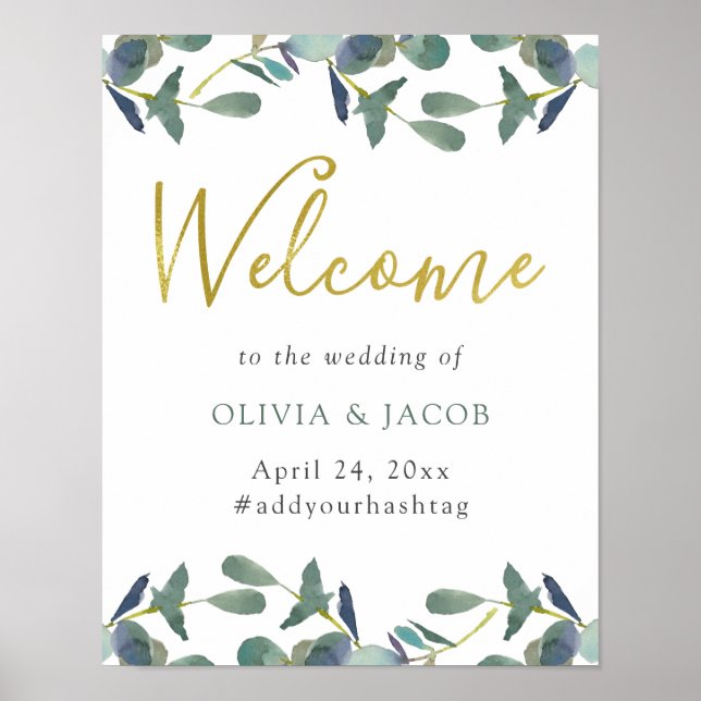 Eucalyptus Crest | Faux Gold Text Wedding Welcome Poster (Front)