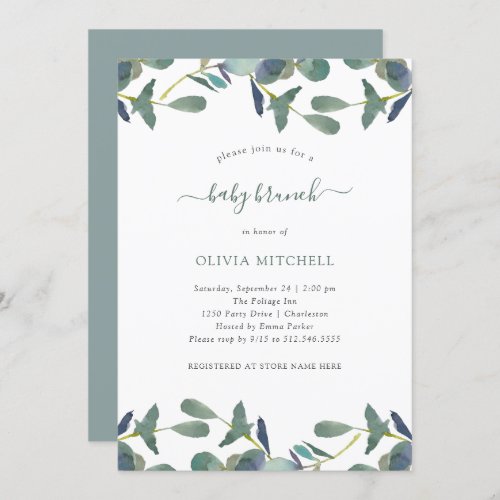 Eucalyptus Crest  Green Leaves Baby Brunch Invitation