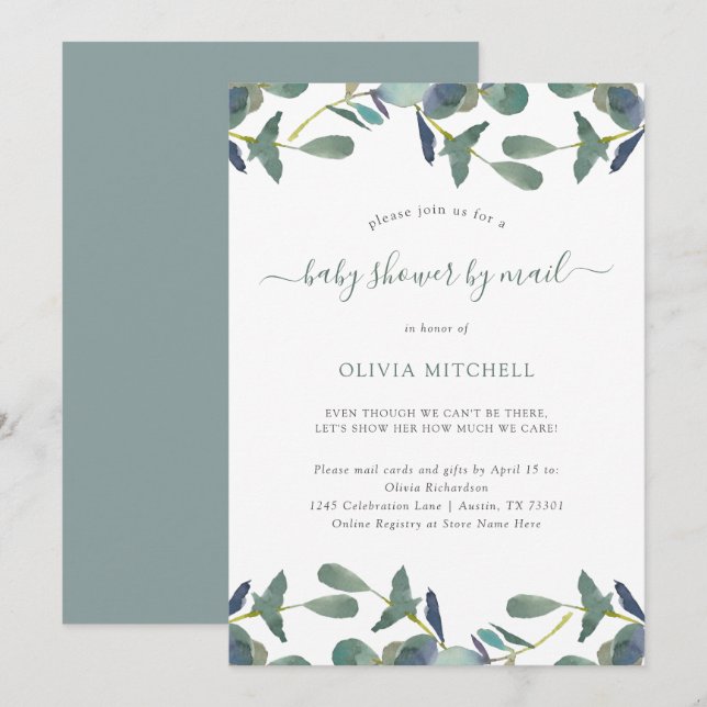 Eucalyptus Crest Green Leaves Baby Shower By Mail Invitation (Front/Back)