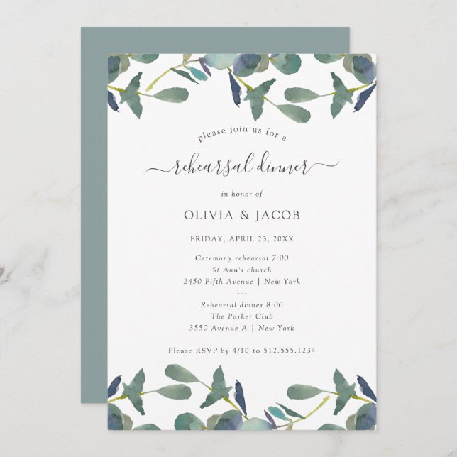 Eucalyptus Crest | Green Leaves Rehearsal Dinner Invitation (Front/Back)
