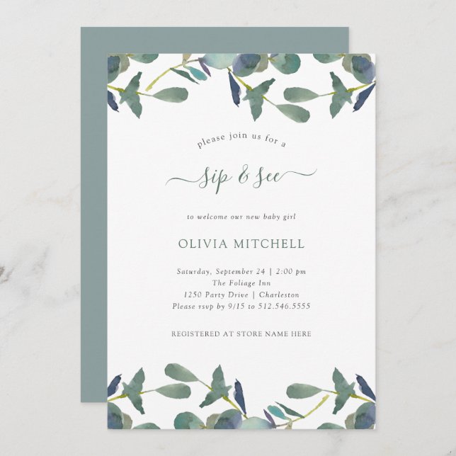 Eucalyptus Crest | Green Leaves Sip and See Invitation (Front/Back)
