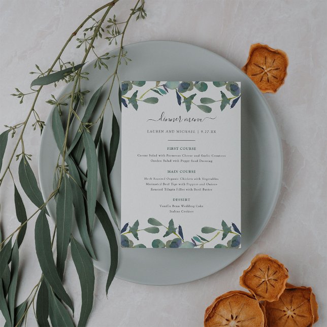 Eucalyptus Crest | Green Leaves Watercolor Wedding Menu (Creator Uploaded)