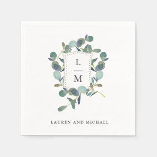 Eucalyptus Crest Monogram Watercolor Wedding Napkins