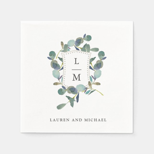 Eucalyptus Crest | Monogram Watercolor Wedding Napkins (Front)