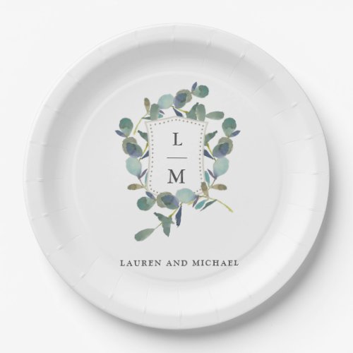 Eucalyptus Crest  Monogram Watercolor Wedding Paper Plates