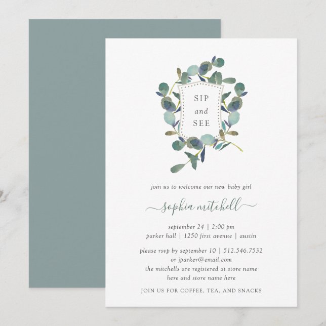 Eucalyptus Crest | Watercolor Baby Sip and See Invitation (Front/Back)