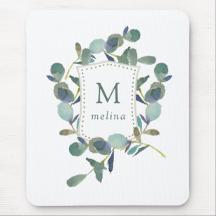 Eucalyptus Crest   Watercolor Leaves and Monogram Mouse Pad