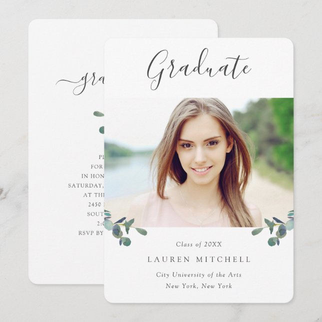 Eucalyptus Crest | Watercolor Photo Graduation Invitation (Front/Back)
