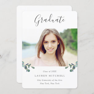 Eucalyptus Crest Watercolor Photo Graduation Invitation