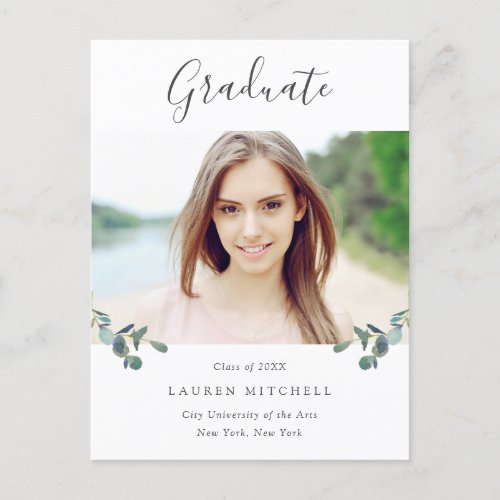 Eucalyptus Crest  Watercolor Photo Graduation Invitation Postcard