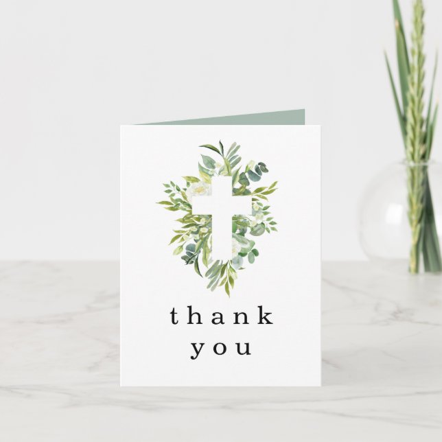 Eucalyptus Cross Baptism Christening Thank You Invitation (Front)