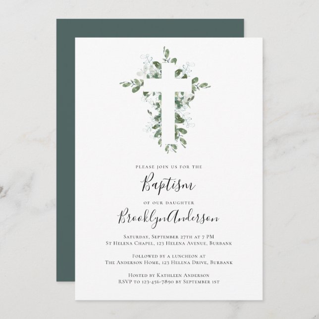 Eucalyptus Cross Baptism Invitation (Front/Back)