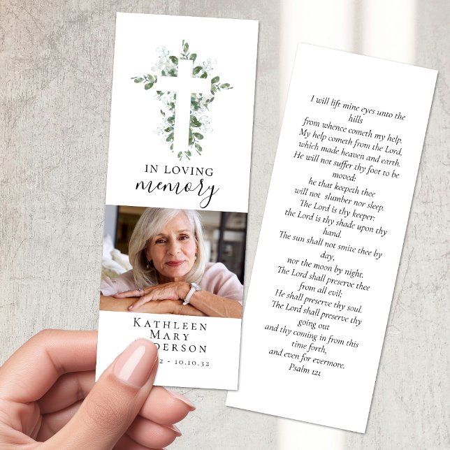 Eucalyptus Cross Calligraphy Photo Funeral Bookmarks (Creator Uploaded)