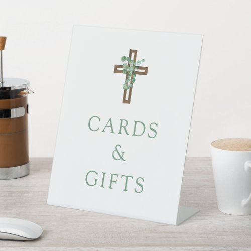 Eucalyptus Cross Modern Baptism Cards and Gifts Pedestal Sign