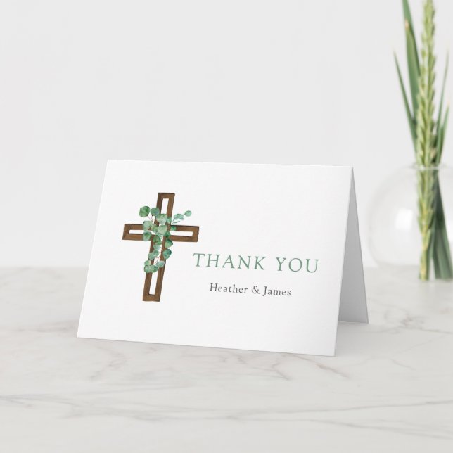 Eucalyptus Cross Modern Baptism Folded Thank You Card (Front)