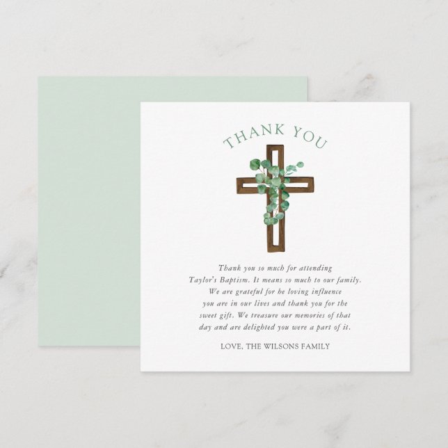 Eucalyptus Cross Modern Baptism Square Thank You Card (Front/Back)