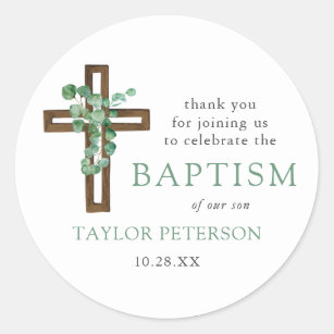 Eucalyptus Cross Modern Baptism Thank You Favor Classic Round Sticker