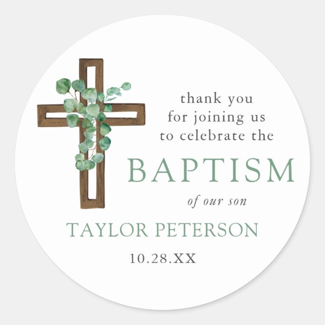 Eucalyptus Cross Modern Baptism Thank You Favor Classic Round Sticker (Front)