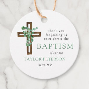 Eucalyptus Cross Modern Baptism Thank You Favor Tags