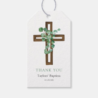 Eucalyptus Cross Modern Baptism Thank You Gift Tags