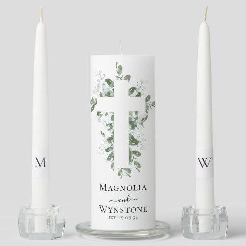 Eucalyptus Cross Monogram Wedding Unity Candle Set