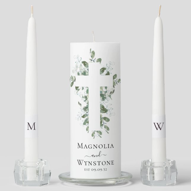 Eucalyptus Cross Monogram Wedding Unity Candle Set (Front)