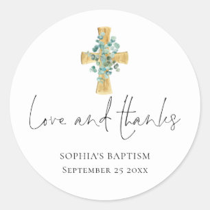 Eucalyptus Cross Script Baptism Christening Thanks Classic Round Sticker