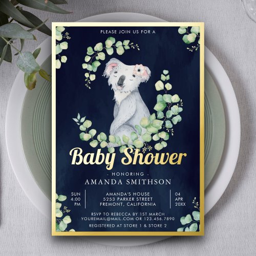 Eucalyptus Cute Koala Bear Navy Baby Shower Gold Foil Invitation