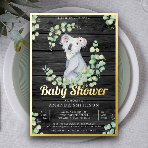 Eucalyptus Cute Koala Bear Wood Baby Shower Gold Foil Invitation