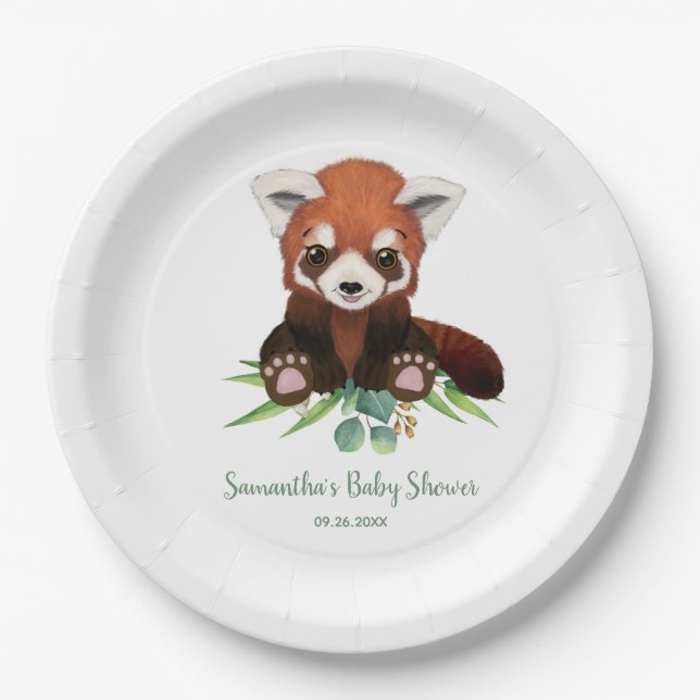 Eucalyptus Cute Red Panda Bear Baby Shower Paper Plates (Front)