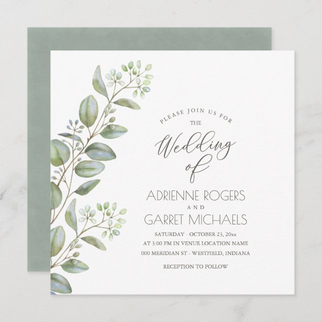 Eucalyptus Cuttings Square White Wedding Invitation (Front/Back)