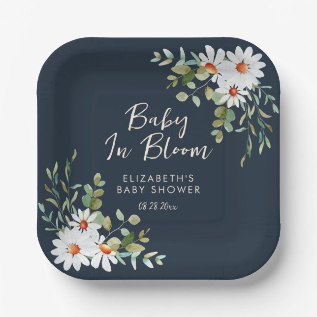 Eucalyptus & Daisy Navy Blue Baby Shower  Paper Plates (Front)