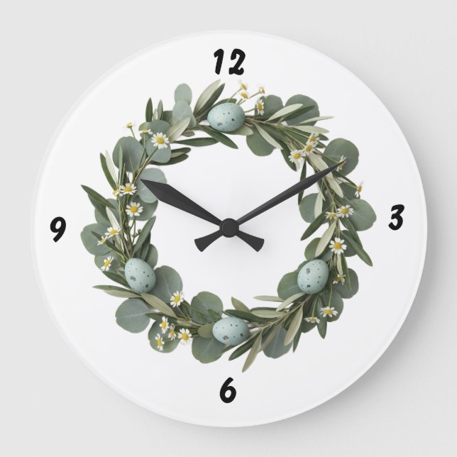 Eucalyptus & Daisy Spring Wreath Wall Clock (Front)