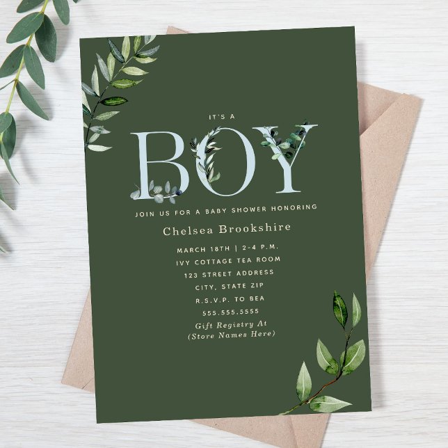 Eucalyptus Dark Green Boy Baby Shower Invitation (Creator Uploaded)