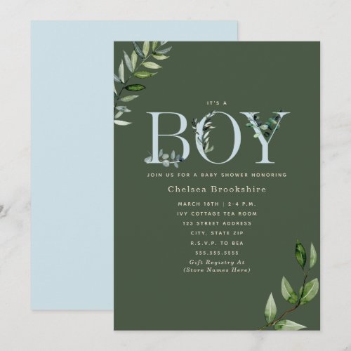 Eucalyptus Dark Green Boy Baby Shower Invitation