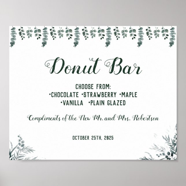 Eucalyptus Donut Bar Bridal Shower Wedding Sign (Front)