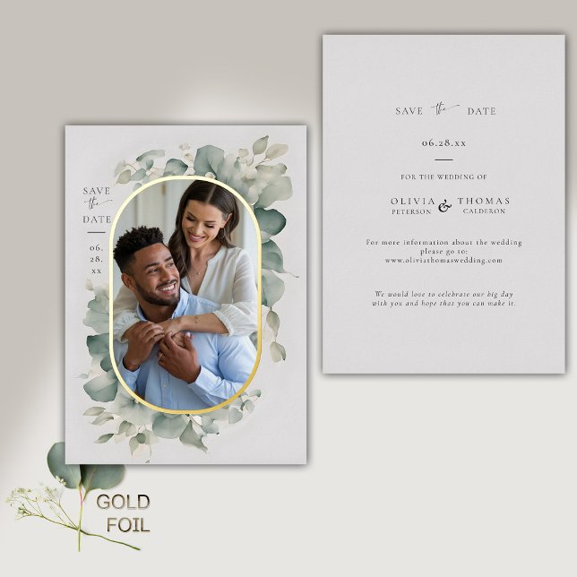 Eucalyptus Dreamy Gold Photo Wedding Save the Date Foil Invitation (modern minimalist simple wedding save the date typography calligraphy eucalyptus greenery gold frame)